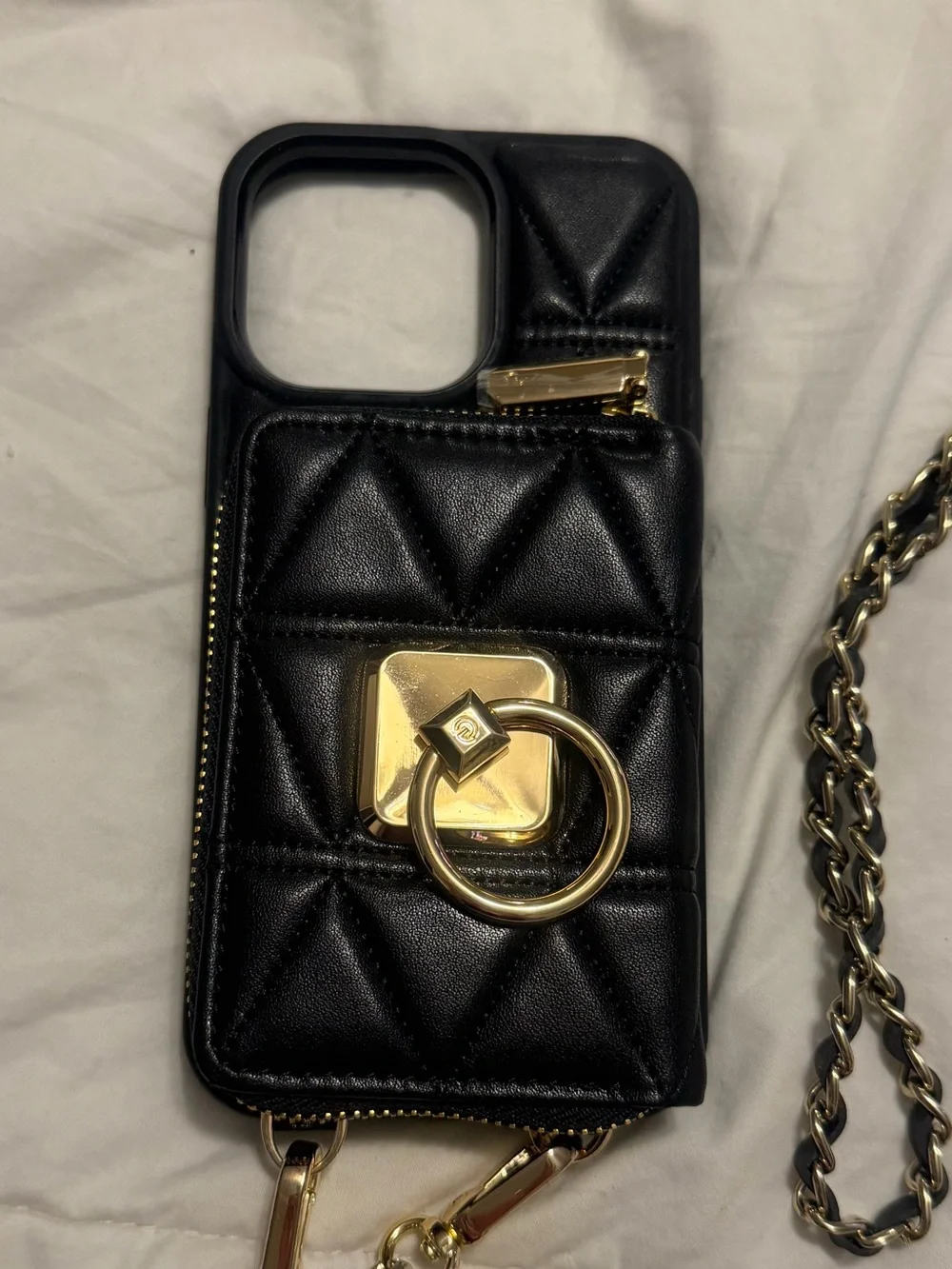 15 Pro Max Black Phone Crossbody Case with Gold Chain Strap